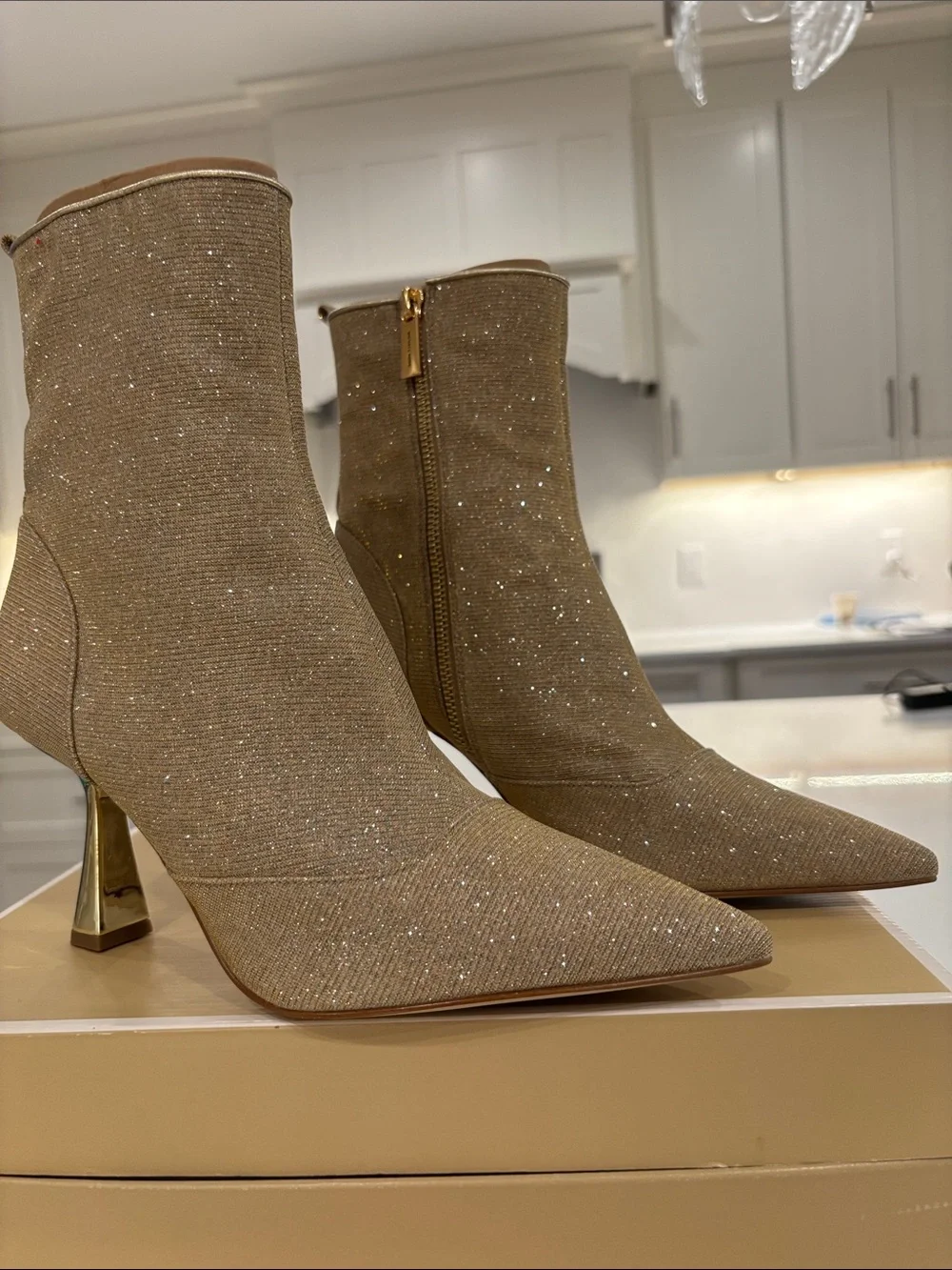 Michael Kors Camel Glitter Pointed-Toe Ankle Booties with Gold Heel